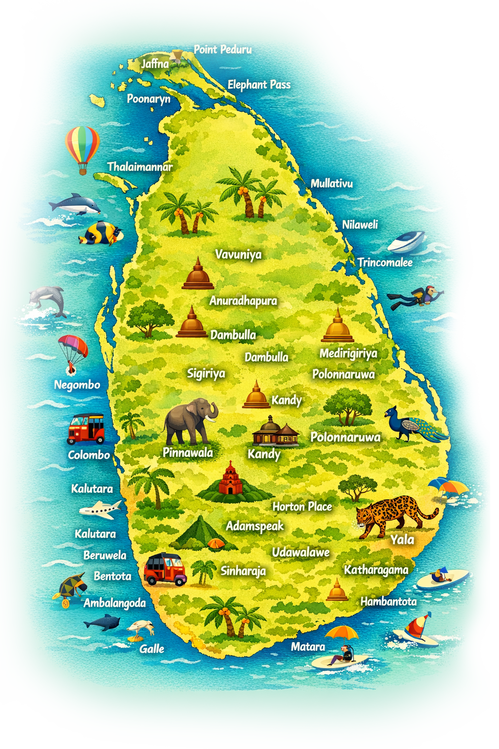 Illustrated Map of Sri Lanka Attractions